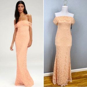 Lulus Romantic Heart Off the Shoulder lace Maxi dress NWT